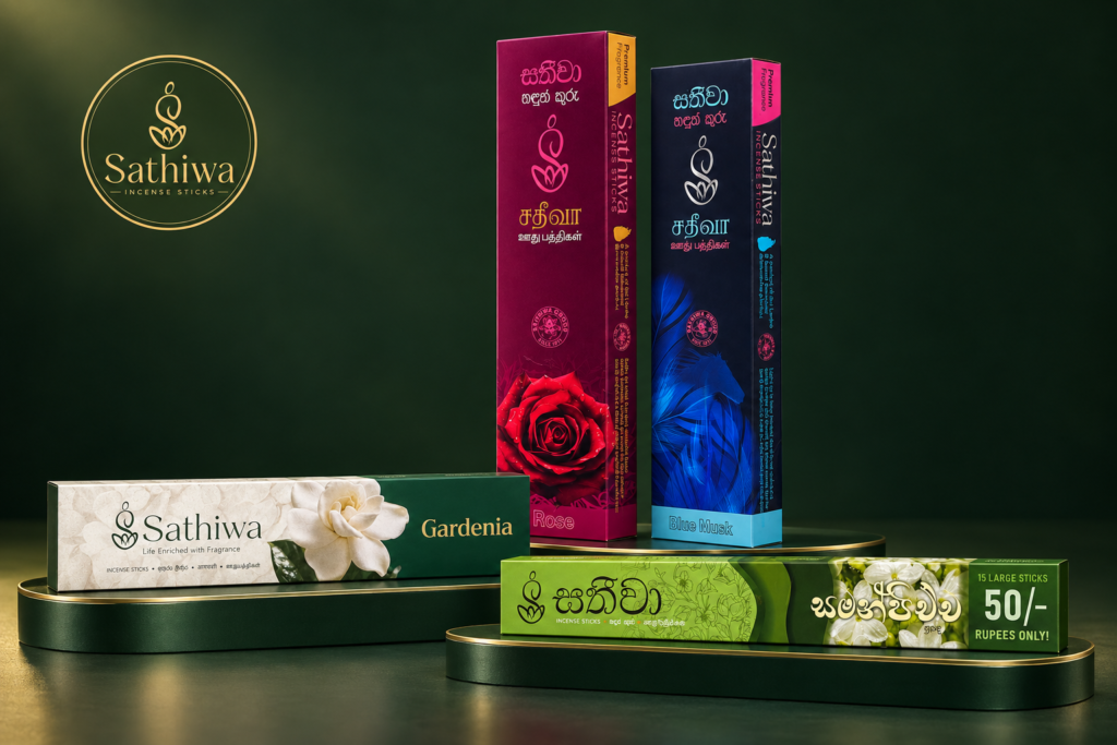 Sathiwa incense collection in green and gold packaging